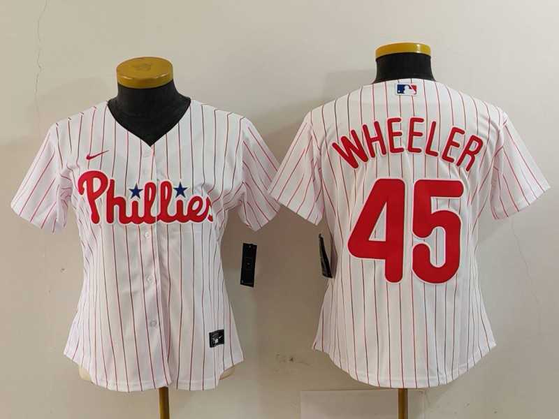 Women%27s Philadelphia Phillies #45 Zack Wheeler White Pinstripe Stitched Cool Base Jersey
